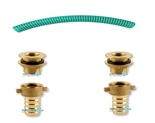 Set Tankdurchführung Regentonnenverschraubung Faßverschraubung Messing mit 3/4" IG für Aufnahme für Zapfhahn mit Spiralschlauch Cover