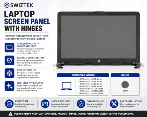 Image of Swiztek Laptop Screen Panel with Hinges for HP Pavilion 15-DA, 15-DB, 15-DY, 15-DR, 15T-DA, 15-DA0046TU, 15-DA0596SA - Grey
