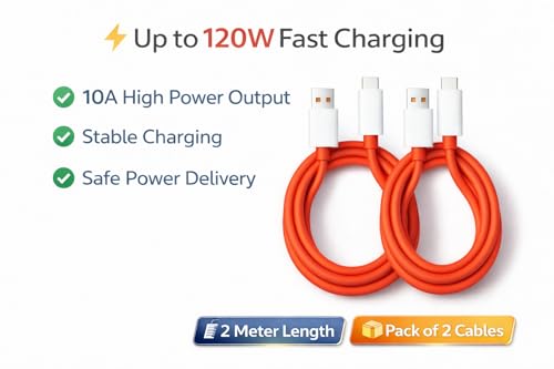 Image of 120W Ultra Fast Charging Cable, USB Type-A to Type-C, 10A High Speed, Pack of 2, 1m Red TPE Unbreakable, VOOC SuperVOOC Warp Dart Flash Compatible (2, 100, Centimeters)