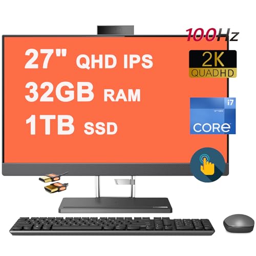 Image of Lenovo IdeaCentre AIO 5 AIO Desktop 27 inch QHD IPS Anti-Glare Touchscreen 350nits 100Hz Intel 14-core i7-12700H Processor 32GB RAM 1TB SSD 5MP+ IR Camera JBL Win11 Grey + HDMI Cable