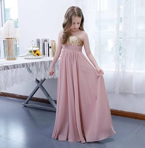 One Shoulder Junior Sequined Bridesmaid Dresses Long Flower Girl Dress for Wedding Party Gowns Chiffon BE0253