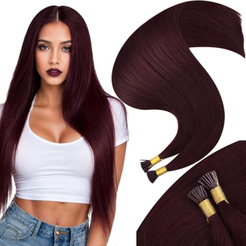 Moresoo I Tip Hair Extensions Human Hair Dark Red, 24 Inch