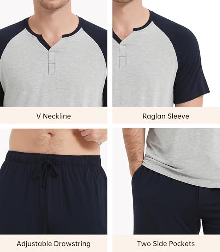 Image of NACHILA Pajamas Set for Men-Viscose Made from Bamboo,Short Sleeve Sleepwear Soft Pjs with Shorts Cool Loungewear Light Heather Grey /Navy Blue L