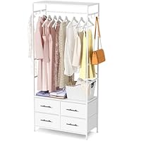 MYGIIVOVO Open Wardrobe, Clothes Rail with Drawers for Bedroom, with 4 White Fabric Drawers, 4 Side Hooks and Metal Frame 30D x 80W x 172H cm