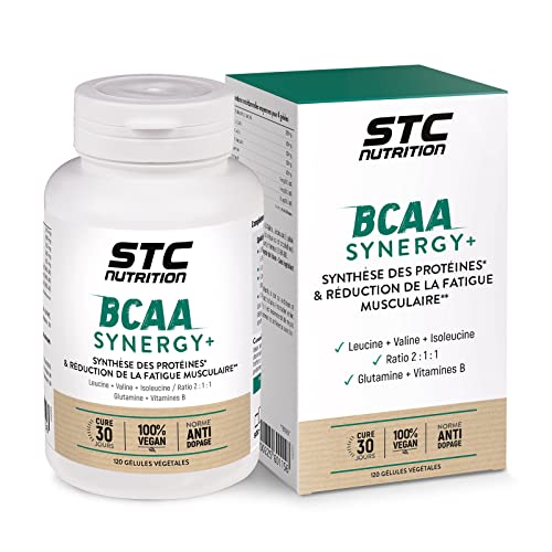 STC NUTRITION - BCAA Synergy+ Leucine, Isoleucine, Valine, Glutamine, Vitamines B2, B6 & B12 - Résistance & récupération musculaire - Limite les courbatures - 120 gélules