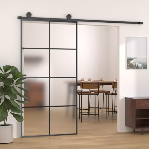 Gecheer Porta,Scorrevole,con Set Binario,con Ferramenta,in Vetro ESG e Alluminio,Nero e Traspareten,102,5x205 cm,Griglie 4x2,Set Porte Sorrevoli con Kit Binario,Porta Scorrevole in Vetro e Alluminio