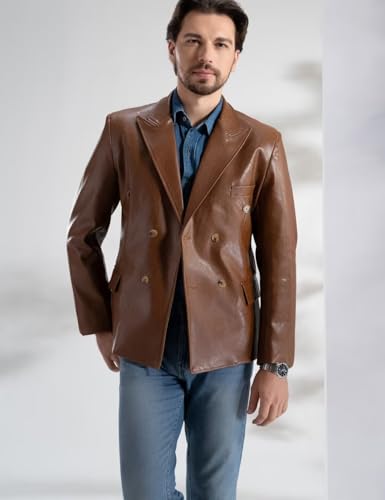 ONAXTDA Men'S Leather Jacket Vintage Blazer Lined Autumn Double Breasted Peak Lapel Coat3