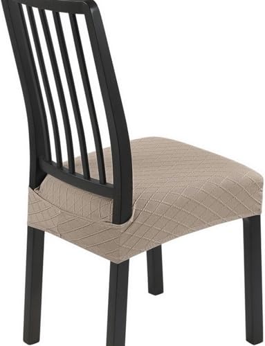 Image of SearchI Stretch Dining Chair Seat Covers Set of 2, Soft Removable Washable Seat Covers for Dining Chairs, Dining Room Seat Cover Protector (Rear-Covered, Check Jacquard Khaki)