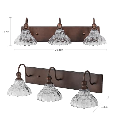 Image of EDISLIVE Vintage Vanity Light for Bathroom ORB 3-Light Bath Wall Light Fixture with Clear Flower Glass Shades 26.38 inch E12 Antique Wall Sconce for Bedroom Hallway Living Room Vanity Mirror