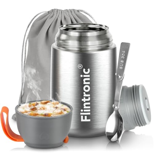 flintronic Termo de Comida Caliente Aislado al Vacío - 650ML Frasco Tarro de Acero Inoxidable de Doble pared, sin BPA, con Bolsa Aislada e Cuchara Plegable para Comidas Calientes y Frías (Plata)