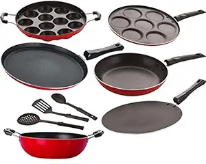 NIRLON Non-Stick Coated Gas Compatible Wooden Spoon Friendly Kitchenware Cookware Set-9 Pieces [2.6mm_FT13_CT_KD13_APPAM_UP_TP24_3SPN]