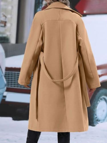 Women's Notched Lapel Double Breasted Pea Coat Long Sleeve Wool Blend Overcoat Mid-Long Trench Coats with Belt4