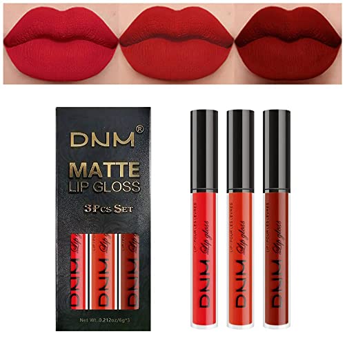 3Pcs Dark Red Rose Red Matte 24-hour Liquid Lipstick Sets, Matte Dark Red Lipstick Lip Stain Long Lasting 24 24hr Smudge Waterproof Lip Gloss Gift Set Matt Lipsticks Set Matt Liquid Women Makeup Lipstick Kit 05