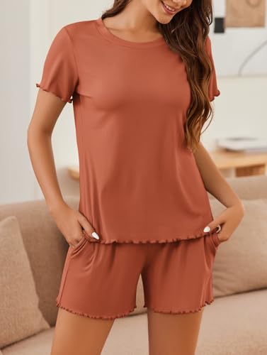 Image of Ekouaer Womens Pajamas 2 Piece Ribbed Knit Pjs Short Sleeve Sleepwear Set Summer Soft Pajamas Set Casual Lounge Sets