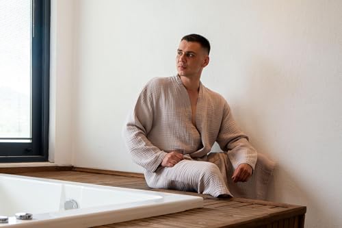 Image of Muslin Unisex Bathrobe Women & Men, 100% Cotton Kimono Lightweight Robe | Long Robes Soft, Absorbent, Spa robes