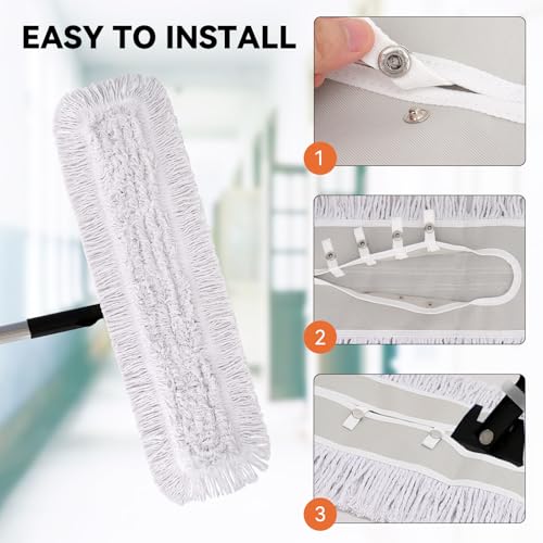 Image of 48 Inch Dust Mop Head: Replacement Medium Washable Commercial Mop Head Sweeper and Janitorial Replacement with Botton (White - 48 Inch, 3 Pack, Botton)