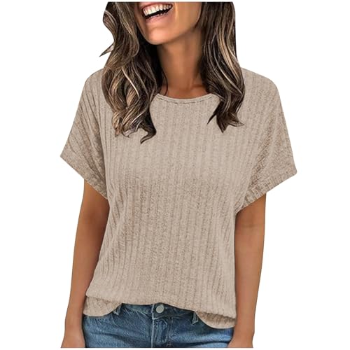 Camisetas para mujer, cuello redondo, para verano, casuales, de manga corta, ligeras, de punto acanalado, cómodas, de color sólido, camisetas básicas para salir de vacaciones, beige, L