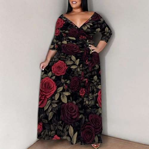 Women's Plus Size Maxi Dress Print 3/4 Sleeves V Neck Party Sundress Wedding Guest Dresses4