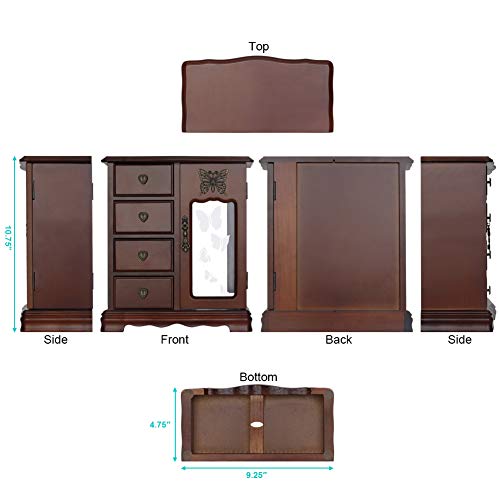 Rr Round Rich Design Solid Wooden Jewelry Box Makeup And Organizer Women Ring Storage With 4-Drawers Built-In Necklace Carousel And Mirror Brown #TOP3