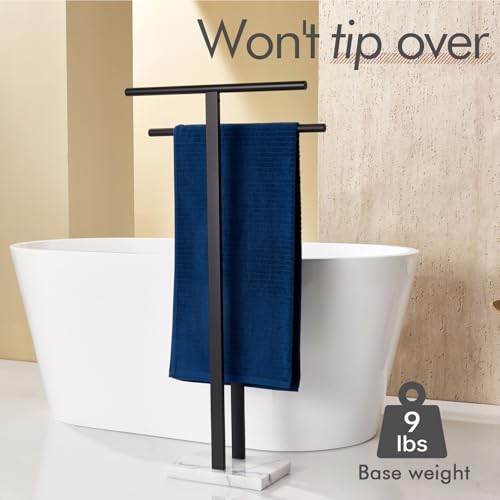 Image of KOKOSIRI Free Standing Towel Racks Matte Black 2-Tier Towel Holder for Bathroom Floor Stand with Heavy Marble Base Thicken Steady Design Stainless Steel THS0005-BK