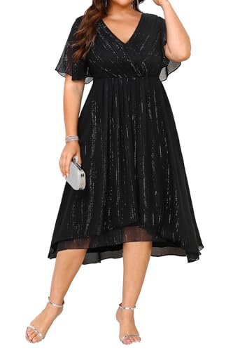 Talisea Plus Size Cocktail Dress Black Formal Wedding Guest Party Short Sleeve A Line V Neck Midi Dresses Curvy Women Chiffon