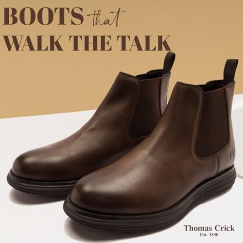 Image of Thomas Crick Men's Genuine Leather Chelsea Boots - Lightweight Sporty EVA Sole with Ortho Comfort Footbed, Slip-On Elastic Side Panels & Modern All-Day Traction