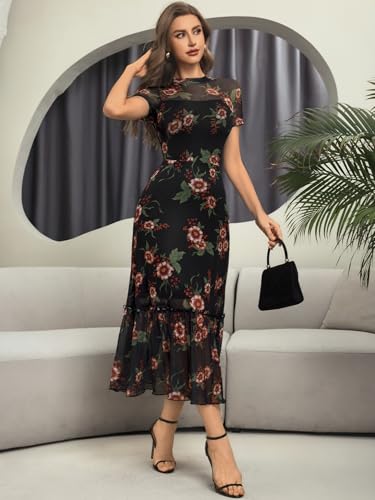 Image of GothDark Women's Summer Floral Mesh Ruffle Dress Short Sleeve Round Neck Waist Cinched Casual Maxi Wedding Guest Dresses