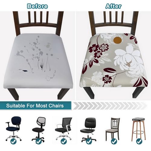 Image of SearchI Water Repellent Seat Covers for Dining Chairs, 6 Pack Jacquard Stretch Dining Room Chair Seat Covers, Kitchen Chair Seat Covers Protectors(Brown Flower)