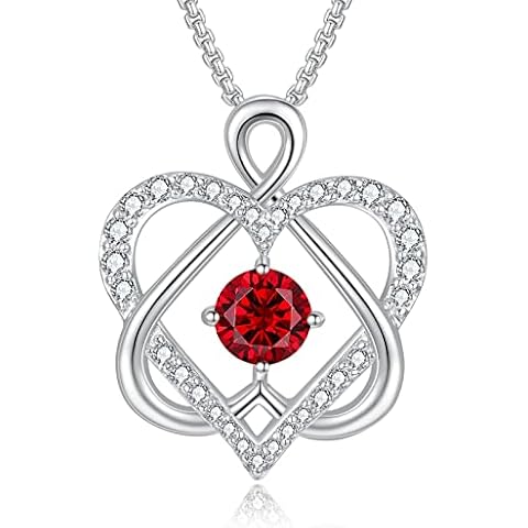 Praelinos Love Heart Birthstone Necklaces for Women 18K White Gold Plated Pendant 5A Cubic Zirconia Silver Tone Valentines Mother's Day Jewellery Gift for Women Mum Wife Girlfriend (Garnet) Cover