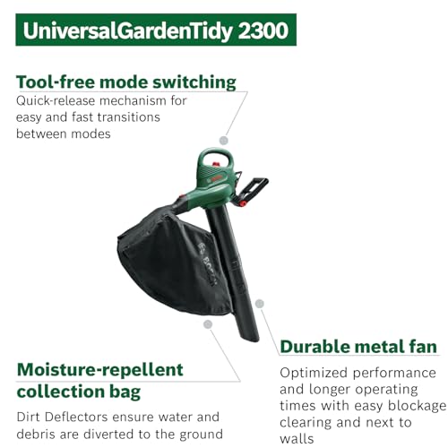 Bosch Electric Leaf Blower and Vacuum Universal Garden Tidy 2300 (2000 W, collection bag 45 l, 3-in-1 function , low noise level of 99 dB (A))