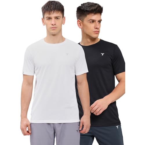 Image of TECHNOSPORT Men's 100% Polyester Slim Fit Solid Short Sleeve T-Shirt for Gym, Workout, Sports and Regular Use - Pack of 2