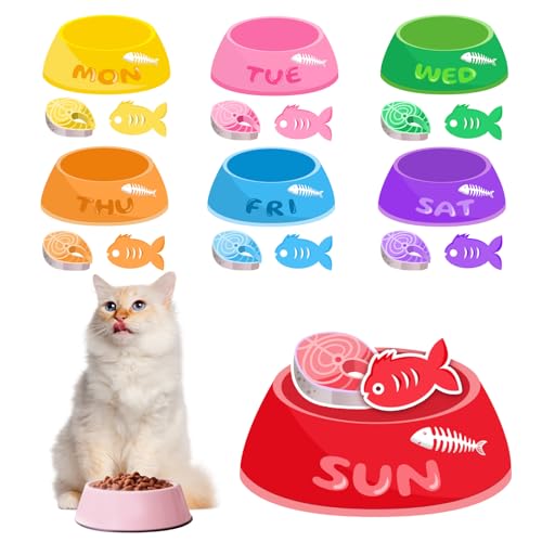 Magnetic Cat Feeding Reminder Tracker – Weekly Meal Planner for Cats with Colorful Bowls, Fish Meat & Fish Icons – Reusable Fridge Magnet Chart for Pet Feeding Schedule, Cat Food Organizer Sign