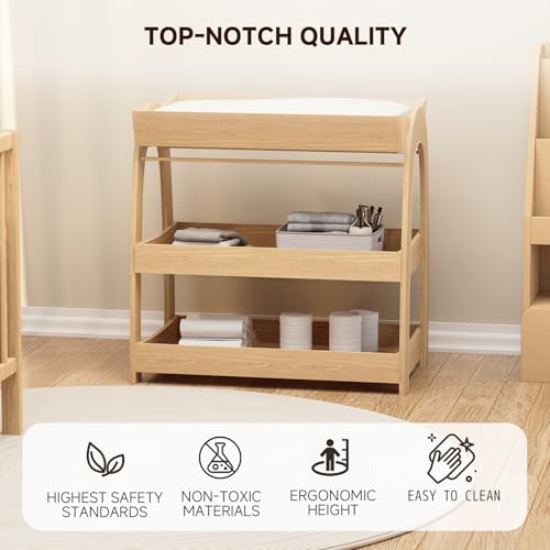 Image of Baby Changing Table, Wood Diaper Changing Table with 2-Tier Storage Shelves, Wooden Baby Changing Station for Nursery, Modern Changing Table Dresser