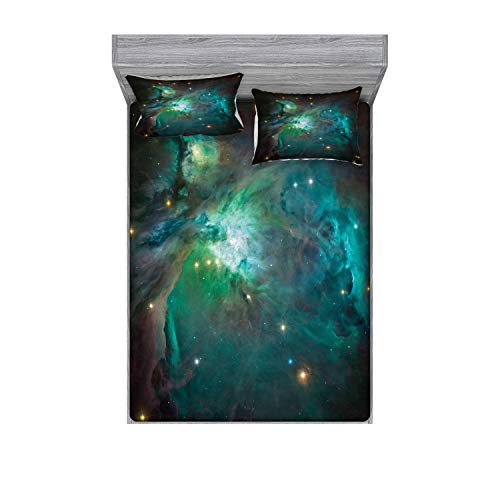 Ambesonne Space Fitted Sheet & Pillow Sham Set, Majestic Orion Nebula Dust Cloud Celestial Energy Plasma Astronomical Object Picture, Decorative Printed 3 Piece Bedding Decor Set, Queen, Green Teal