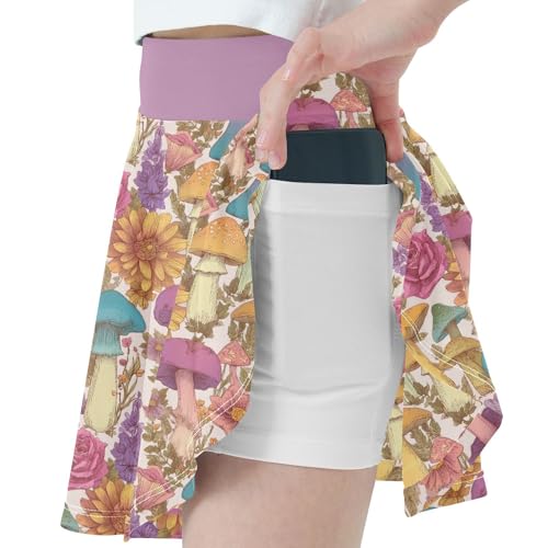 Girls Skorts High Waist Athletic Skirts with Shorts Mushrooms Flowers Stretchy Teens Performance Tennis2