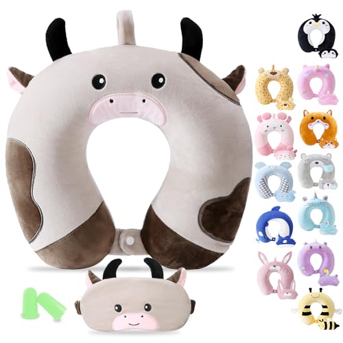 Cirorld Travel Pillow for Kids Adult Cute Neck Pillow for Traveling Memory Foam Airplane Pillow Sleep Mask Animal Flight Pillow Head Rest Neck Support for Cars Long Flights (Cow, 9-12 Y/O)