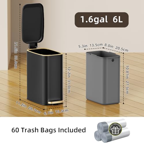 Image of KSSKSS Small Bathroom Trash Can with Lid Soft Close, Step Pedal, 6L / 1.6 Gal Stainless Steel Garbage Bin with Removable Inner Bucket, Slim Wastebasket for Narrow Spaces (Black) (Black-P)