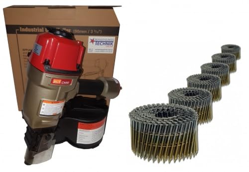RGN Druckluft Coilnagler CN90 50–90mm + 4500 Coilnägel 2,8x80 mm Ringschaft verzinkt für 16° flach gewickelte Nägel – Profi Nagelgerät für Paletten & Holzbau