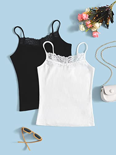 Milumia Girl's 2 Pieces Rib Knit Camisoles Lace Spaghetti