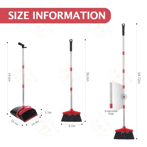 Image of Broom and Dustpan Set,54.72 inchLong Handle,Standing Dustpan,Black&Red | Light Weight Stainless Steel Poles,Upright Dustpan with Broom Combo,for Home Kitchen Office Pet Dog Hair