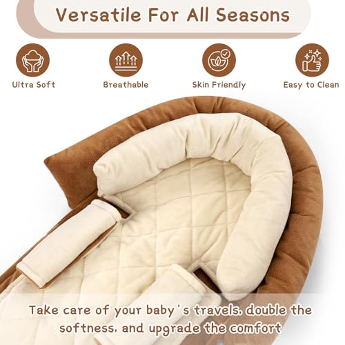 Image of Baby Car Seat Head Body Support & Strap Covers, 2 in 1 Infant Car Seat Insert, Reversible Soft Breathable Newborn Cushion Pads for Preemie, Perfect for Baby Carseats, Strollers, Swings (Brown)