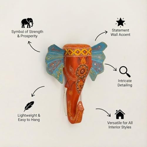 Image of ATRANGI STUDIO Handpainted Wooden Elephant Wall Decor | Ethnic Wooden Wall Art | Symbol of Strength & Wisdom | Wall Hanging for Home, Corridor & Balcony | Ready to Hang | 11 Inch, Orange
