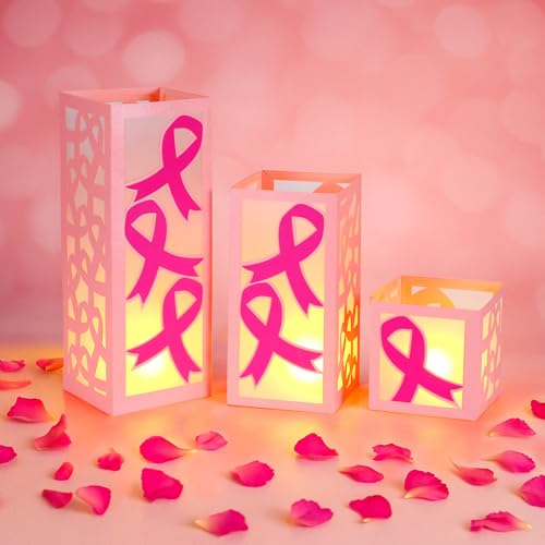 VIHOSE 12 Sets Breast Cancer Awareness Centerpieces for Table 3 Size Pink Ribbon Paper Lantern Boxes Table Decor for Fight Cancer Themed Fundraisers Charity Party Supplies