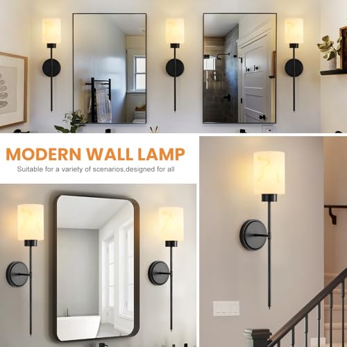 Image of Black Wall Sconces Set of 2 with Marble Glass Shade, Modern Bathroom Vanity Light Fixtures for Bedroom, Hallway, Entryway, Living Room