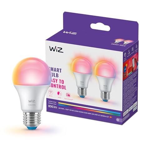 WiZ Smart LED A60 Bulb, Full Color and Tunable White, E27 Base, 60W Equivalent, 2200-6500K, 806 Lumens, Dimmable, Works with Alexa, Google Assistant, and Apple Home, 2 Pack