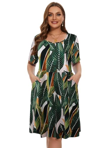 Image of LARACE Women's Plus Size Summer Dress Short Sleeve Casual Pleated Swing Midi Dresses with Pockets