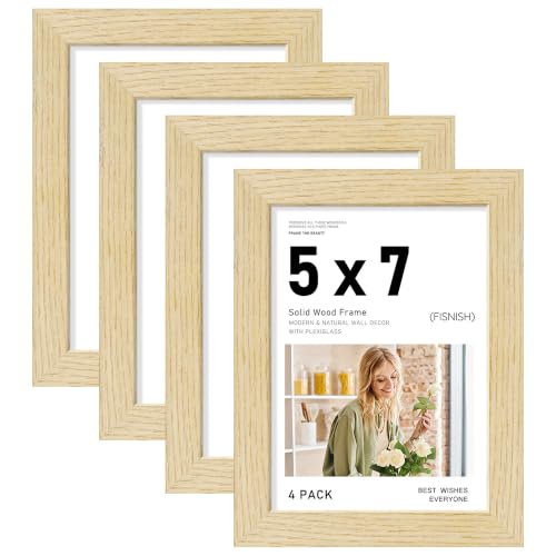 Image of 5x7 Picture Frame Set of 4, Natural Solid Wood Frames, Wall Mount