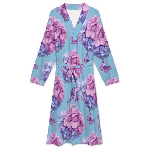 Purple Hydrangeas Butterfly Soft Robe Long Sleeve Bathrobes V Neck Sleepwear Spa Robes with Belt Men Woman3