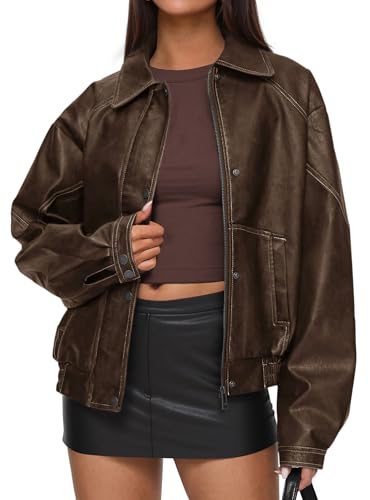 PRETTYGARDEN Faux Leather Jacket Women Bomber Motorcycle Zip Up Jackets Oversized Fall Fashion Outfits 2026 Winter Coats (Brown,Medium)