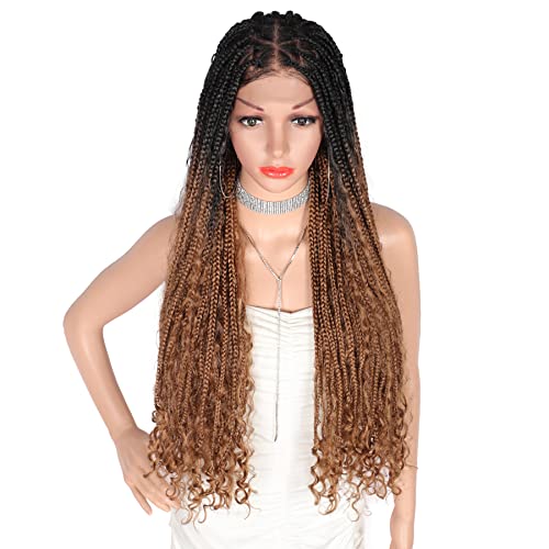 Kalyss 32" Triangle Knotless Box Braided Wigs with Boho Curls 13X5" Transparent Lace Front Braided Wigs with Baby Hair Ombre Brown Lightweight Synthetic Lace Frontal Wig for Women